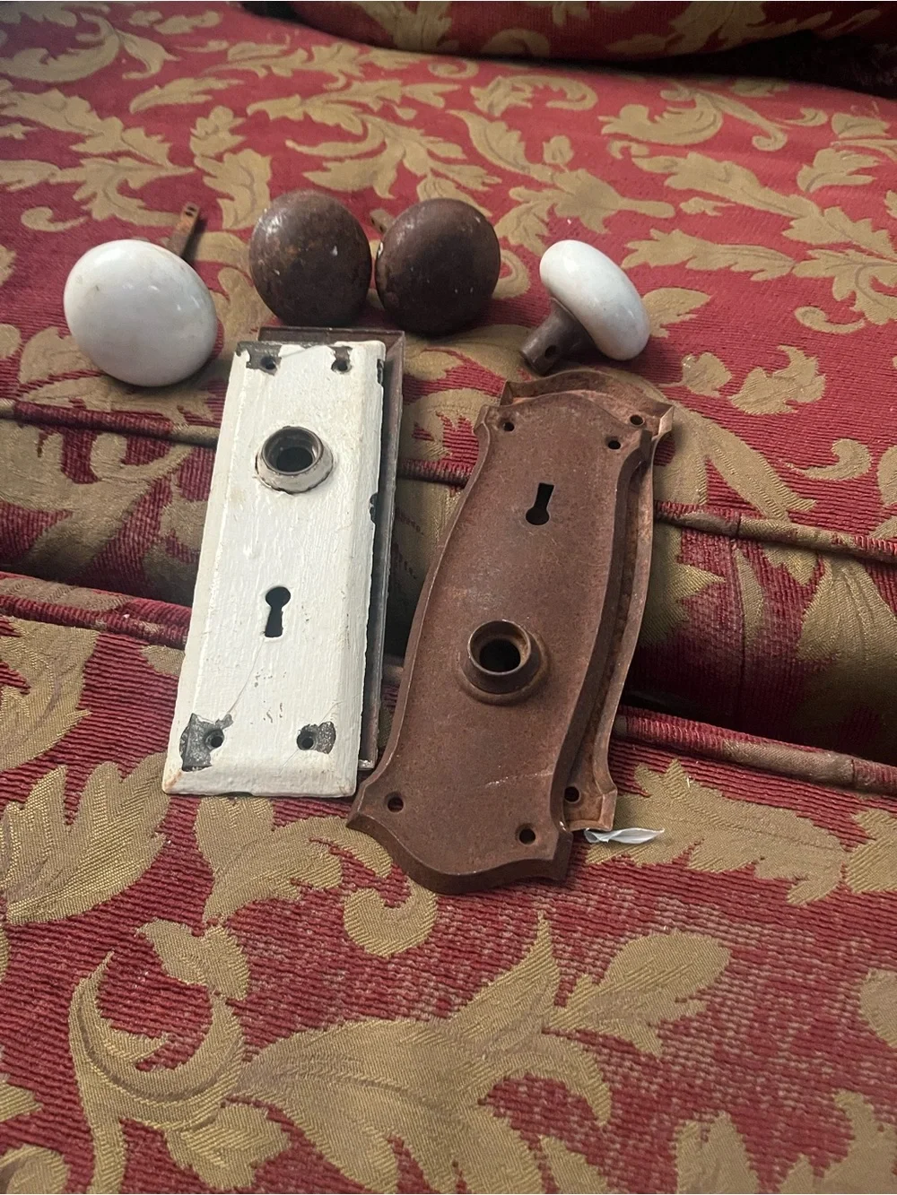 Antique-Style White and Brown Porcelain & Metal Door Knob Set